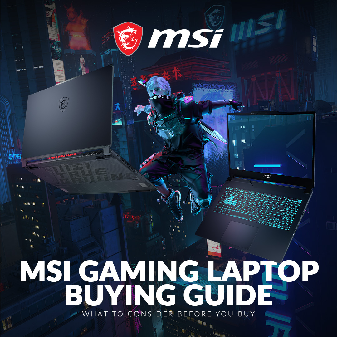An image of a cyberpunk style city with towers featuring MSI logos and designs above the text MSI Gaming Laptop Buying Guide, what to consider before you buy.