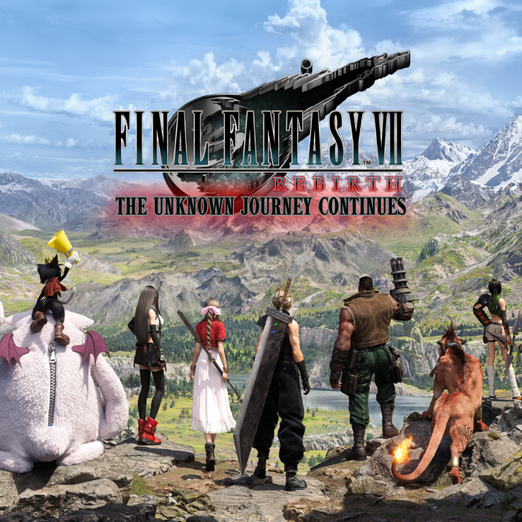 A screenshot from Final Fantasy VII Rebirth featuring the main cast of characters standing on a rocky cliff overlooking a vast mountain range.