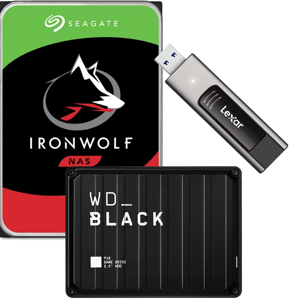 A Seagate HDD, WD Black SSD, and Lexar USB drive.