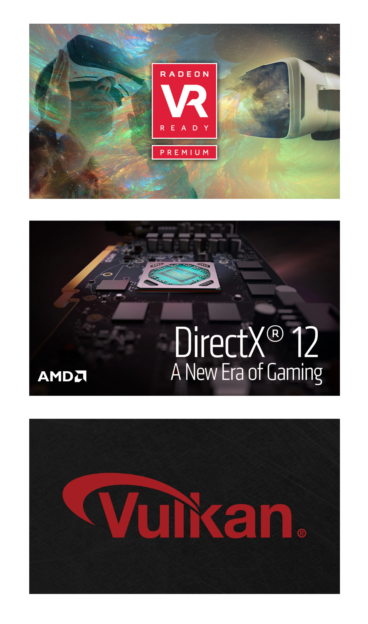 AMD VR, DirectX 12, and Vulkan logos