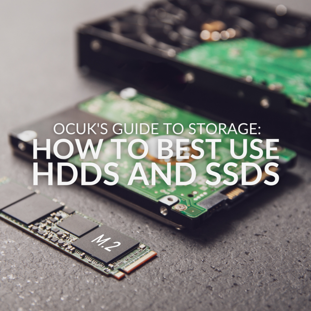 A M.2 SSD, 2.5 inch HDD, and 3.5 inch HDD lined up next to each other with text overlayed – OcUK's Guide To Storage: How To Best Use HDDs and SSDs.