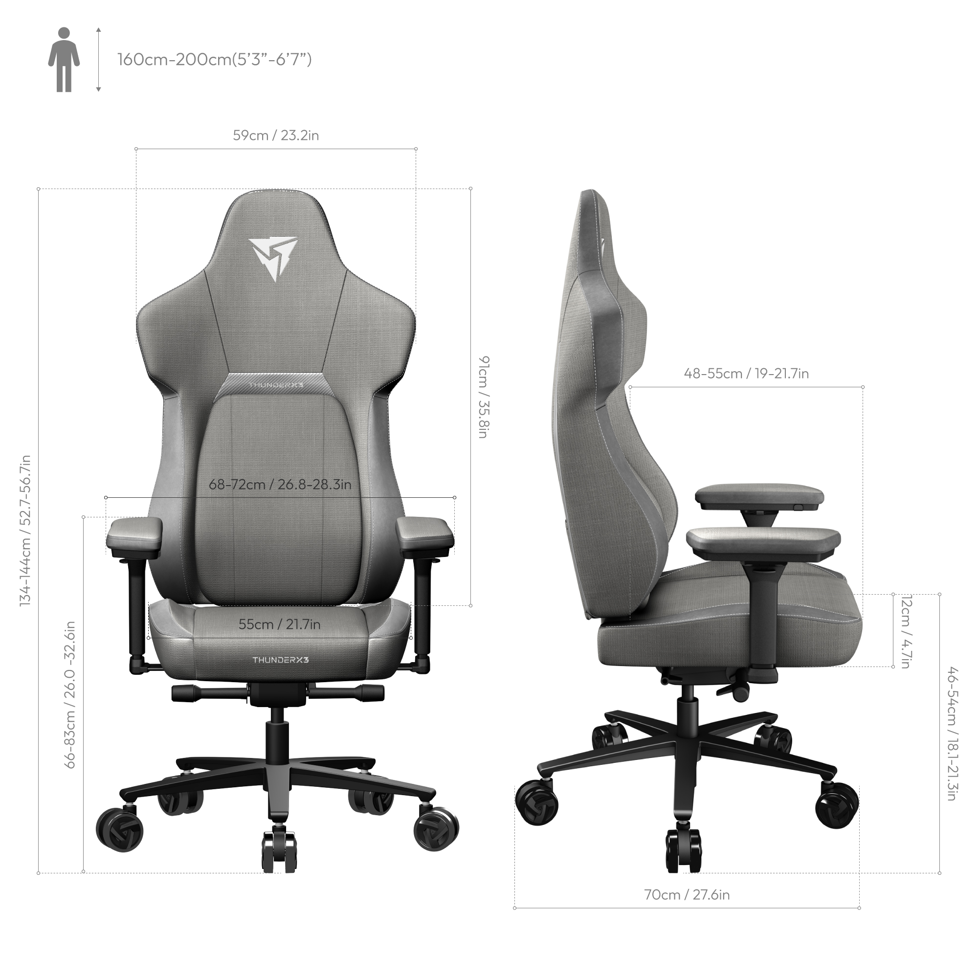 ThunderX3 CORE Loft Gaming Chair Grey Dimensions