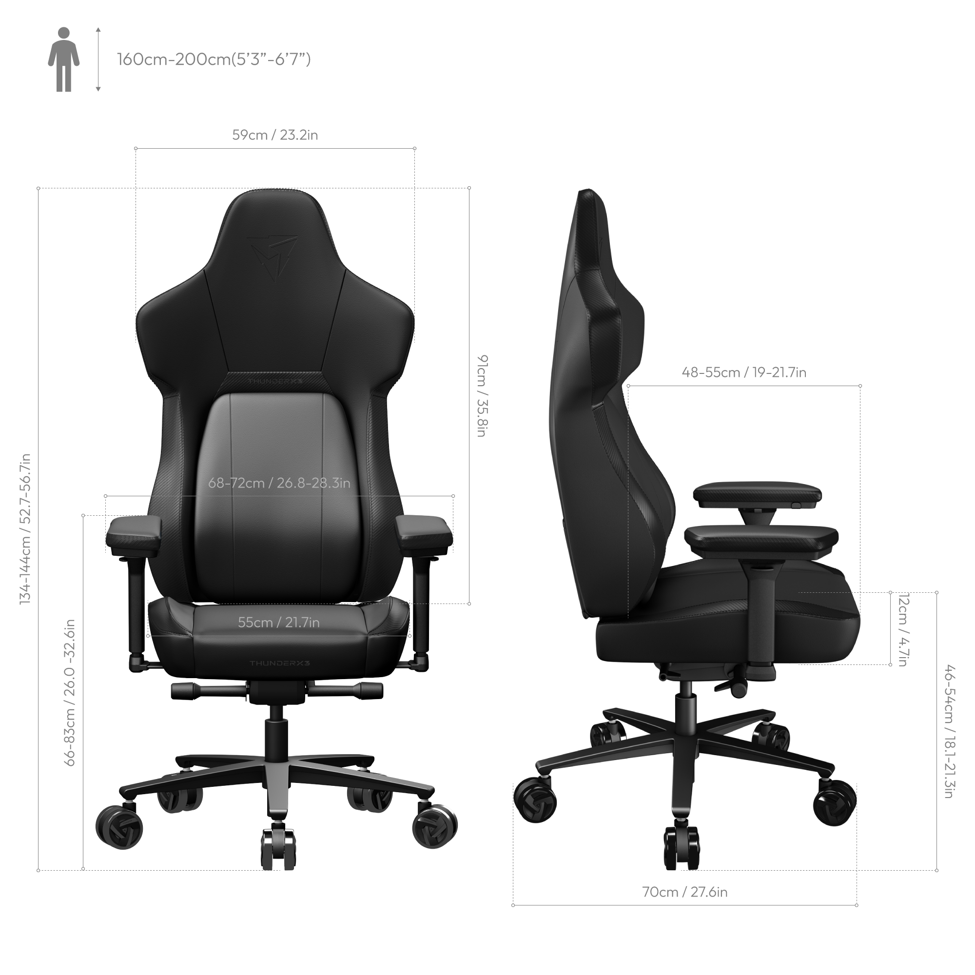 ThunderX3 CORE Modern Gaming Chair Black dimensions