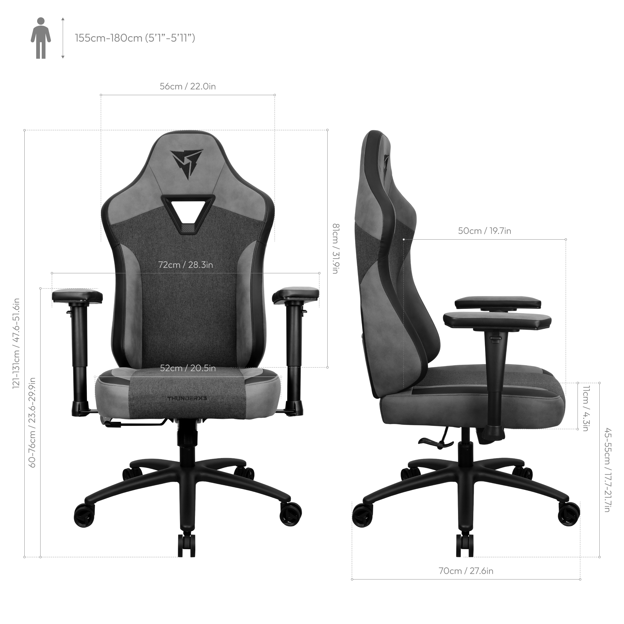 ThunderX3 EAZE Gaming Chair Loft Black dimensions