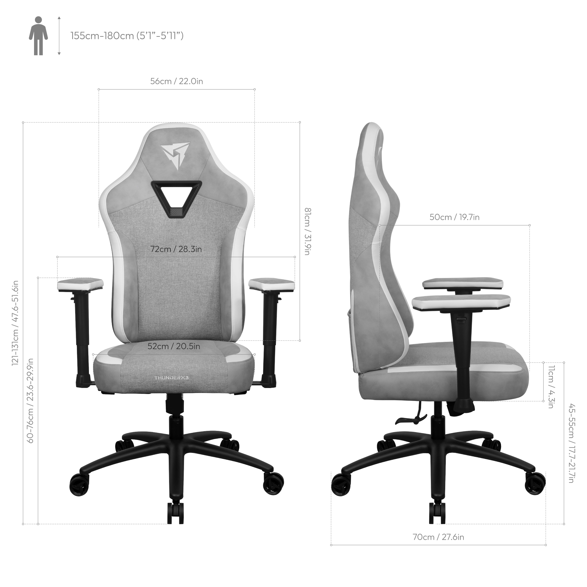 ThunderX3 EAZE Gaming Chair Loft Grey dimensions