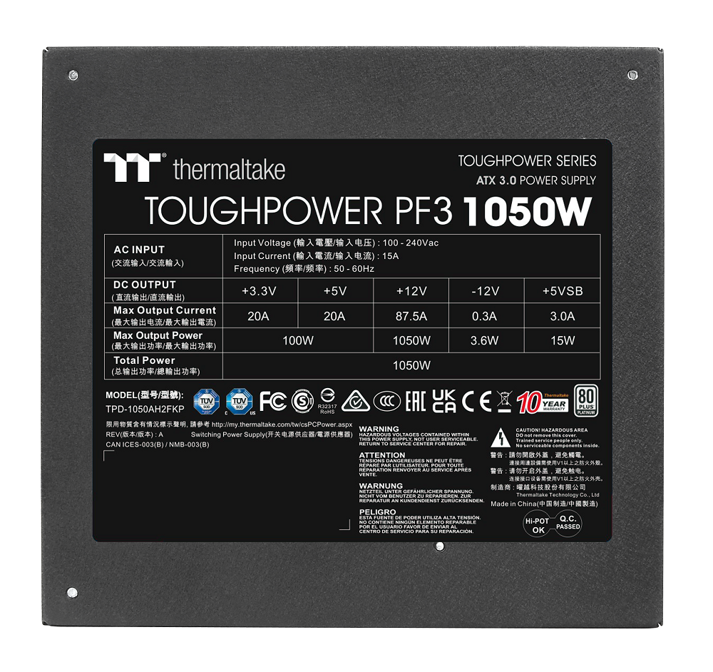 Thermaltake Toughpower PF3 1050W ATX3.0 Native PCIE 5 Fully Modular 80 Plus Platinum Power Supply