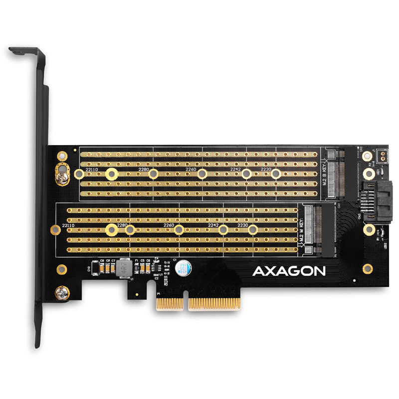 AXAGON - AXAGON PCEM2-D PCIe 3.0 adapter, 1x M.2 NVMe, 1x M.2 SATA with Passive Cooling