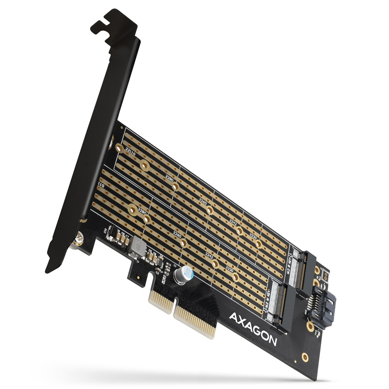 AXAGON - AXAGON PCEM2-D PCIe 3.0 adapter, 1x M.2 NVMe, 1x M.2 SATA with Passive Cooling
