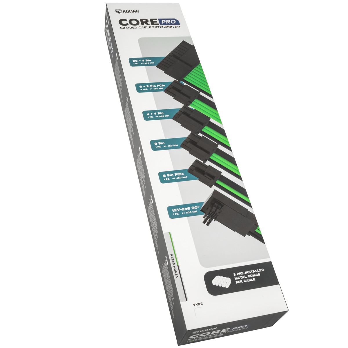 Kolink - Kolink Core Pro Braided Cable Extension Kit 12VHWPR Type 2 - Venom Green