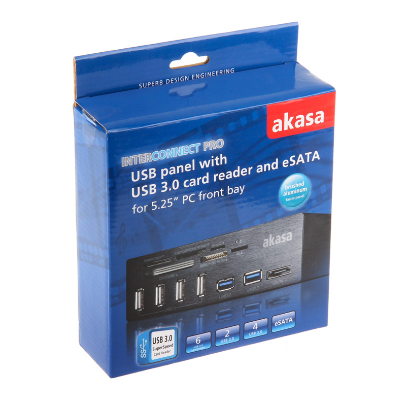 Akasa - Akasa AK-HC-05U3BK Internal 6-Port USB 3.0 Card Reader - Black