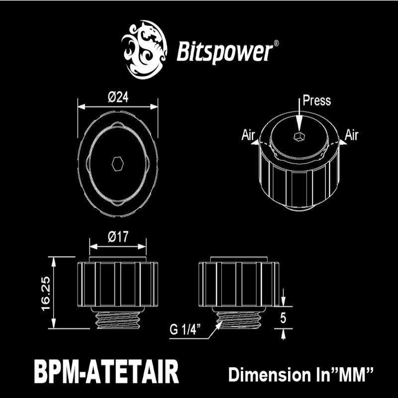 Bitspower - Bitspower Artemis Manual AIR-Exhaust Fitting - Matt Black