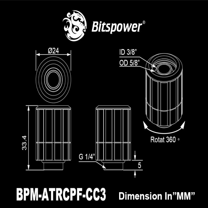 Bitspower - Bitspower Artemis Rotary Compression Fitting CC3 For ID 3/8" OD 5/8" Tube - Matt Black