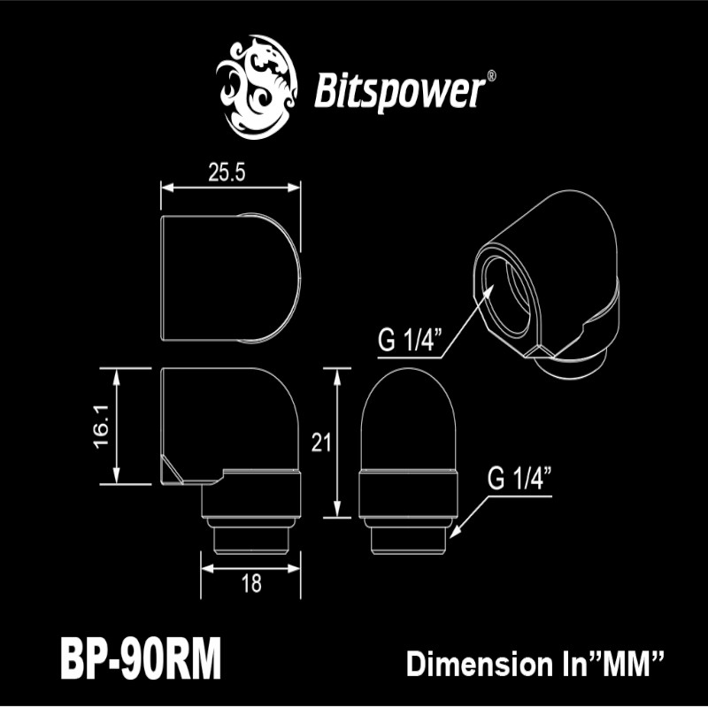 Bitspower - Bitspower G1/4" Matt Black Rotary 90-Degree IG1/4" Extender (Compact Version)