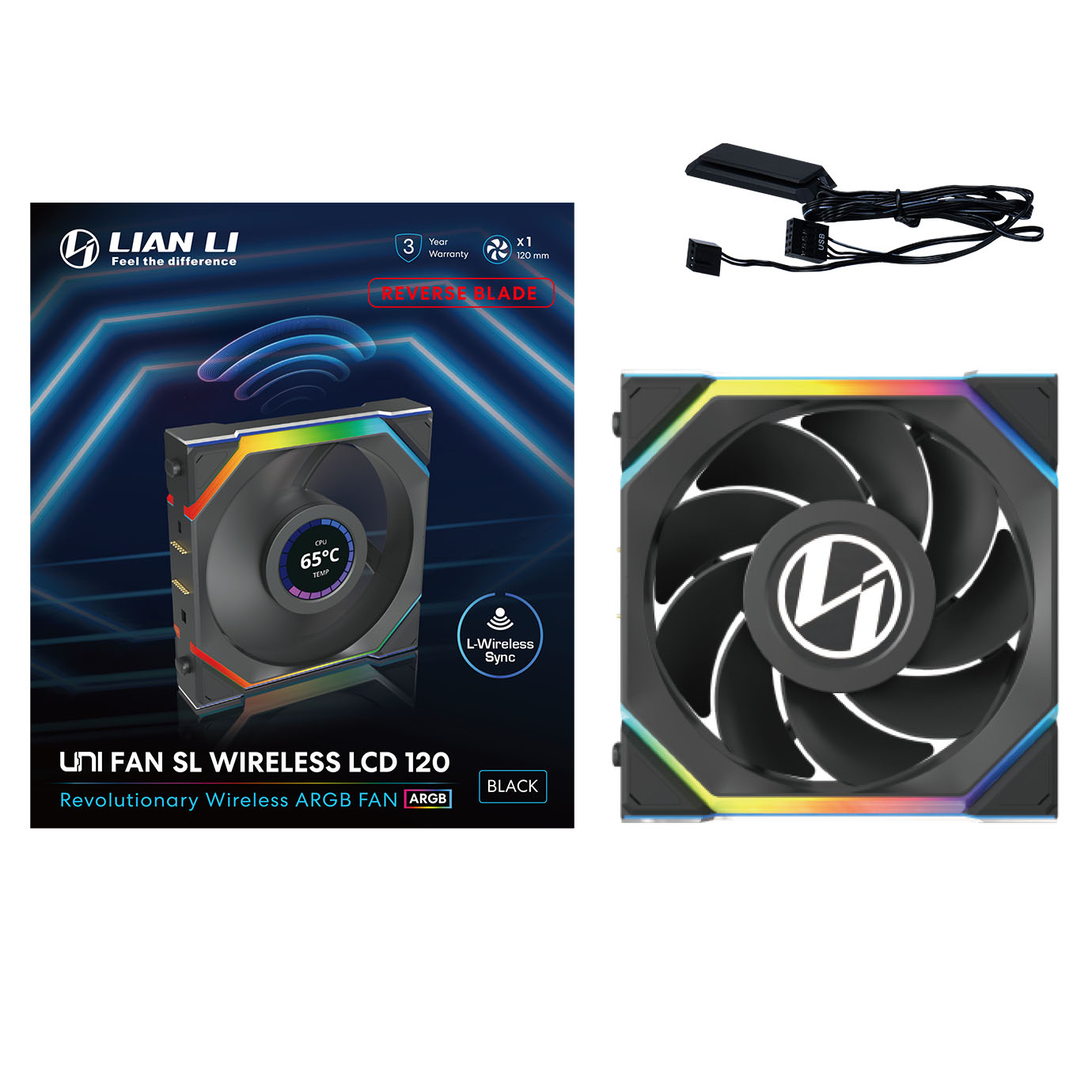 Lian Li - Lian Li UNI SL WIRELESS LCD RGB Reverse Flow 120mm Fan - Black