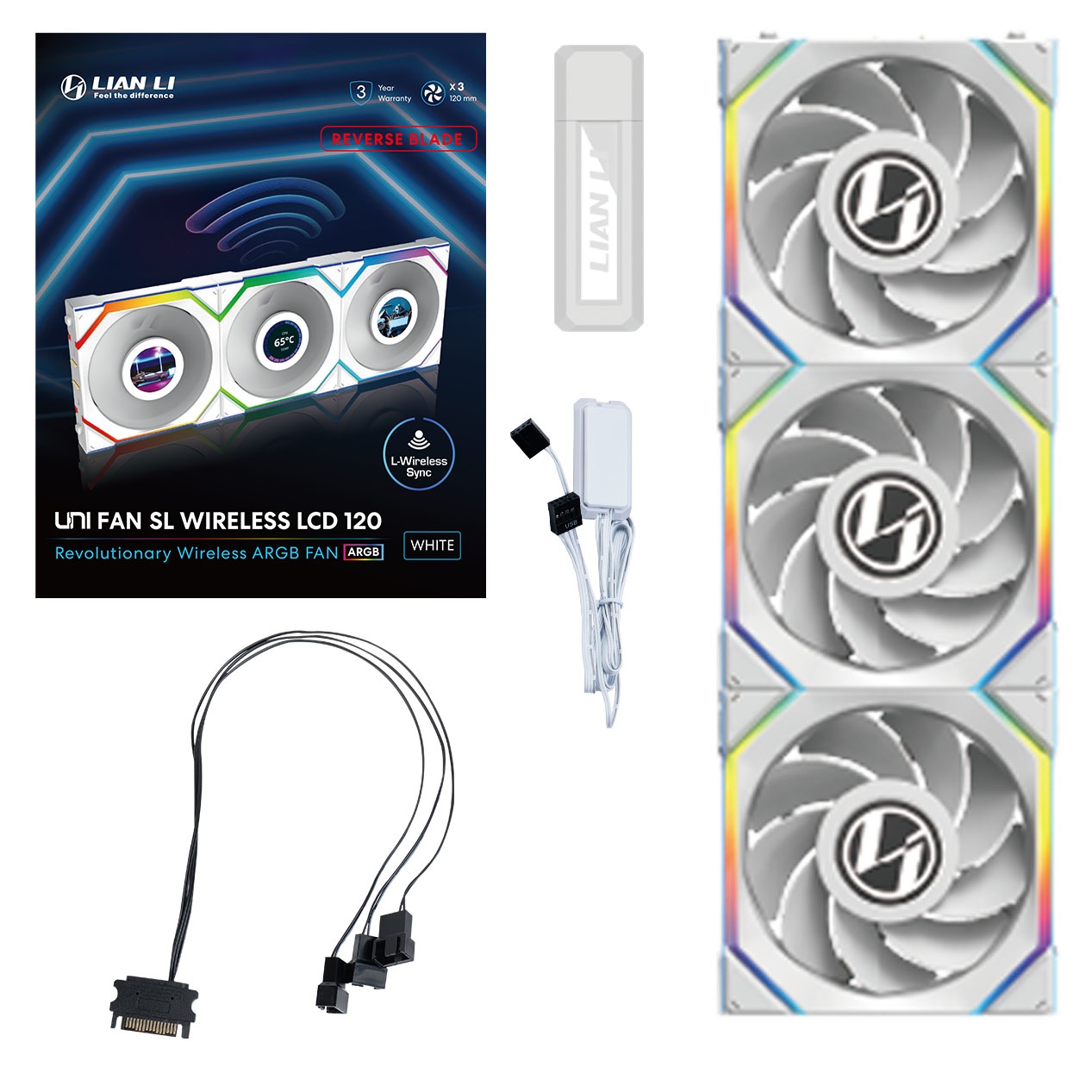 Lian Li - Lian Li UNI SL WIRELESS LCD RGB Reverse Flow 120mm Fan Triple Pack - White