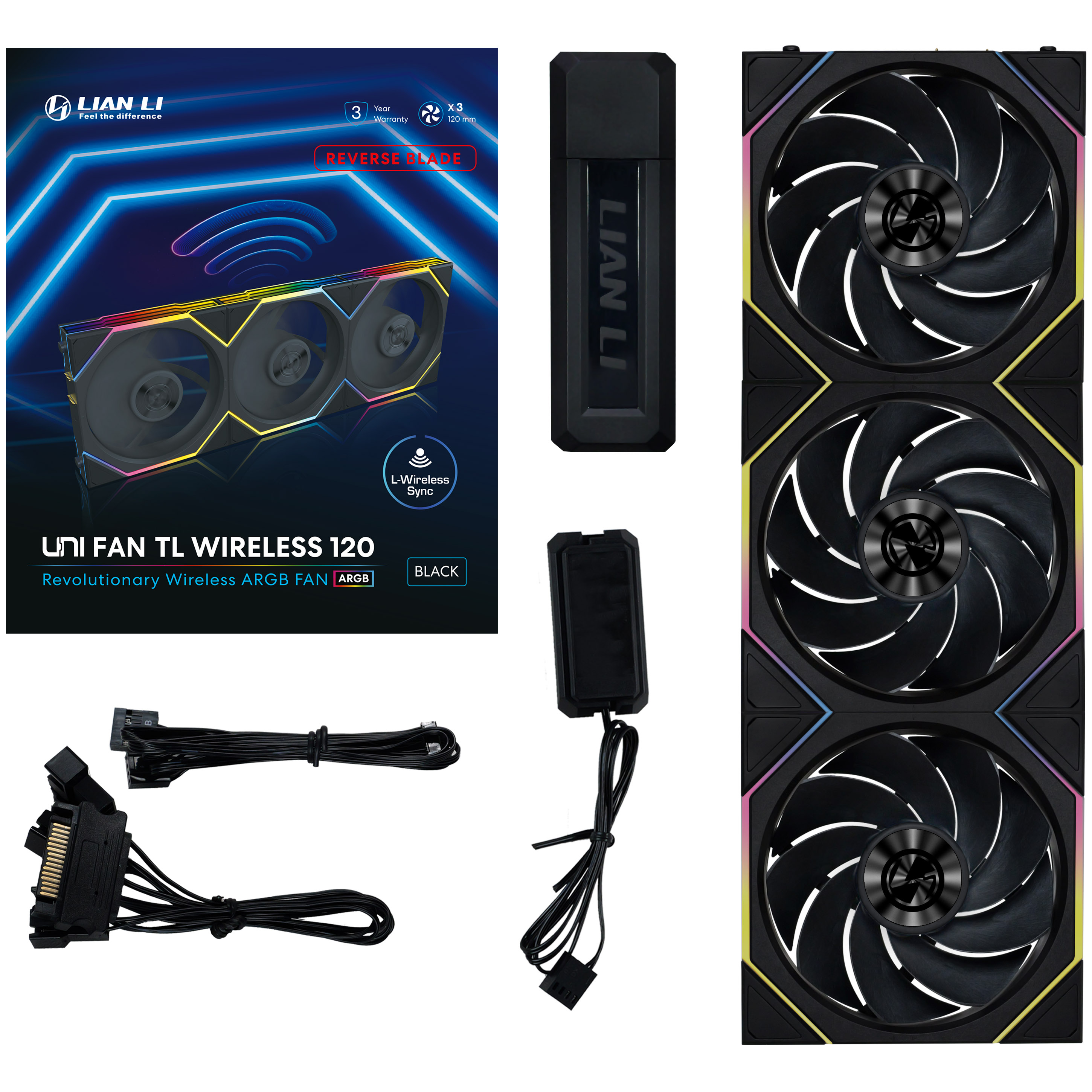 Lian Li - Lian Li UNI FAN TL Wireless Reverse 120 Black Triple Fan Pack with Controller - 120mm