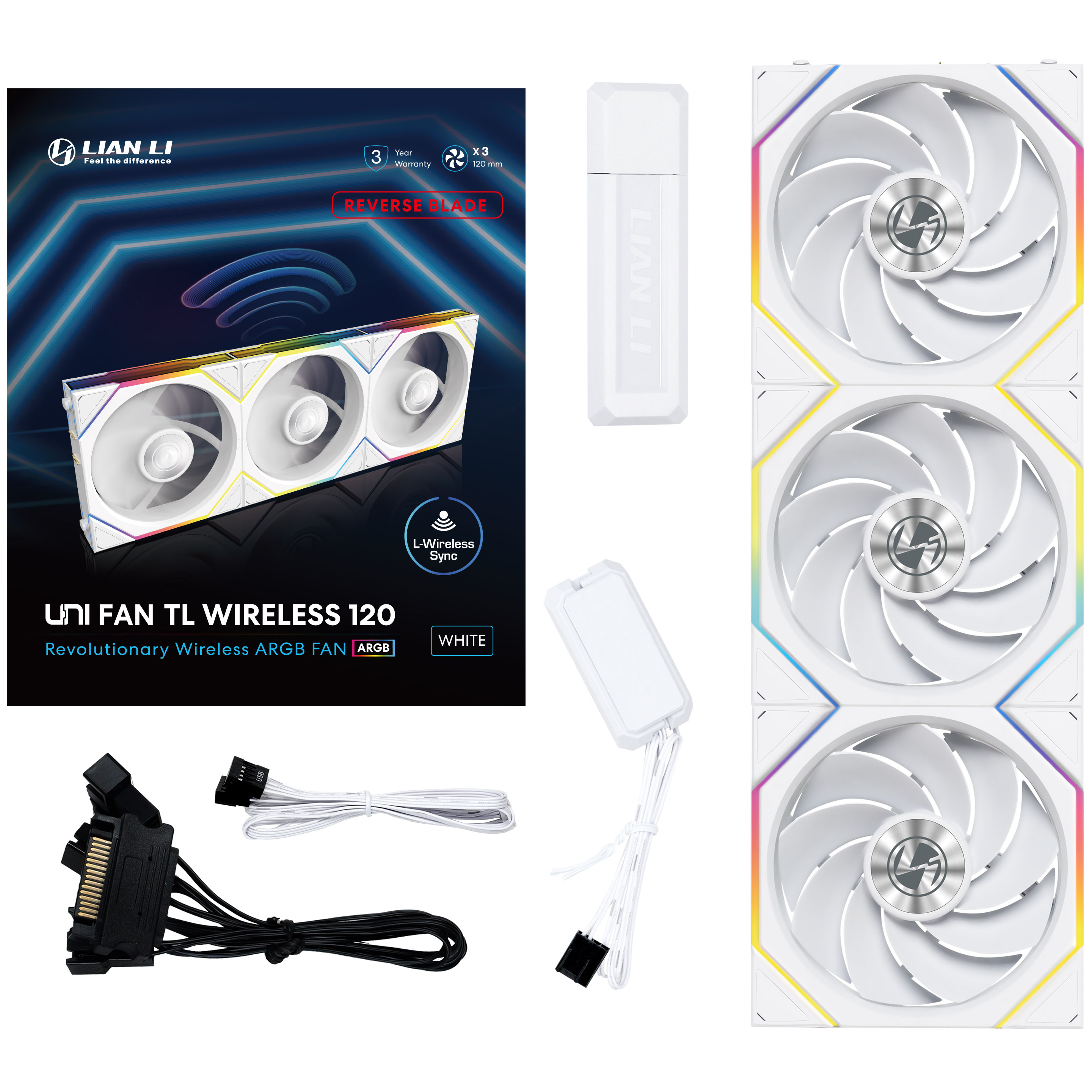 Lian Li - Lian Li UNI FAN TL Wireless Reverse 120 White Triple Fan Pack with Controller - 120mm