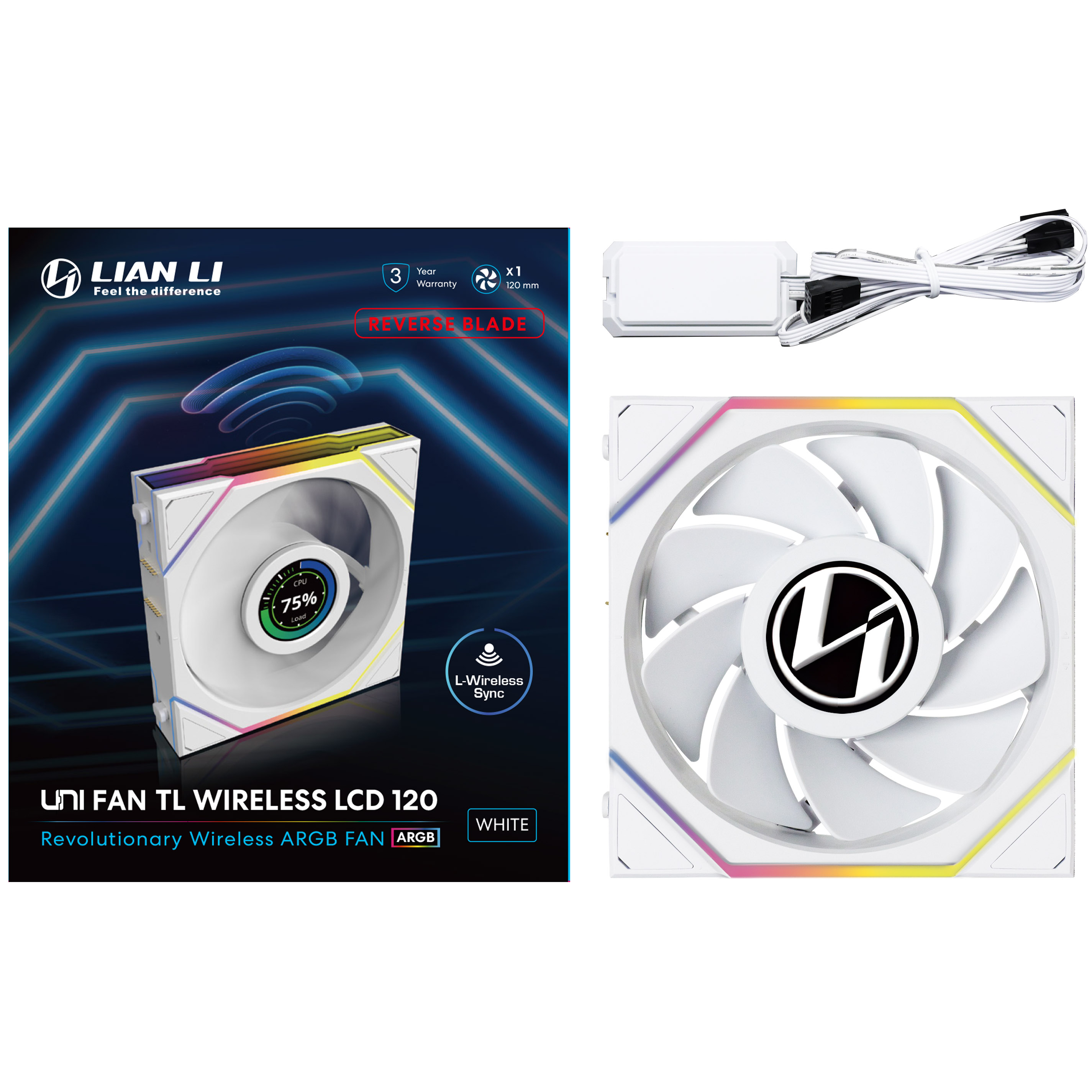 Lian Li - Lian Li UNI FAN TL LCD Wireless Reverse 120 White Fan - 120mm