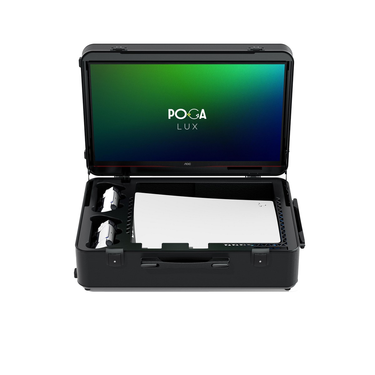 Indi Gaming - Indi Gaming POGA LUX PlayStation 5 Premium Portable Console Travel Case incl. Trolley and 24‘‘ AOC Gaming Monitor - Black