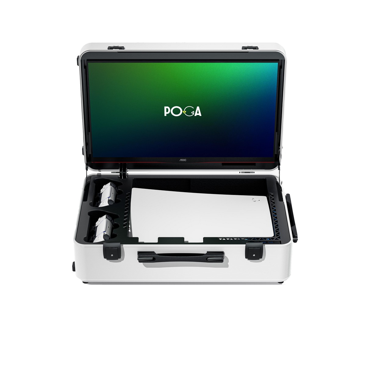 Indi Gaming POGA LUX PlayStation 5 Premium Portable Console Travel Case incl. Trolley and 24‘‘ AOC Gaming Monitor - White