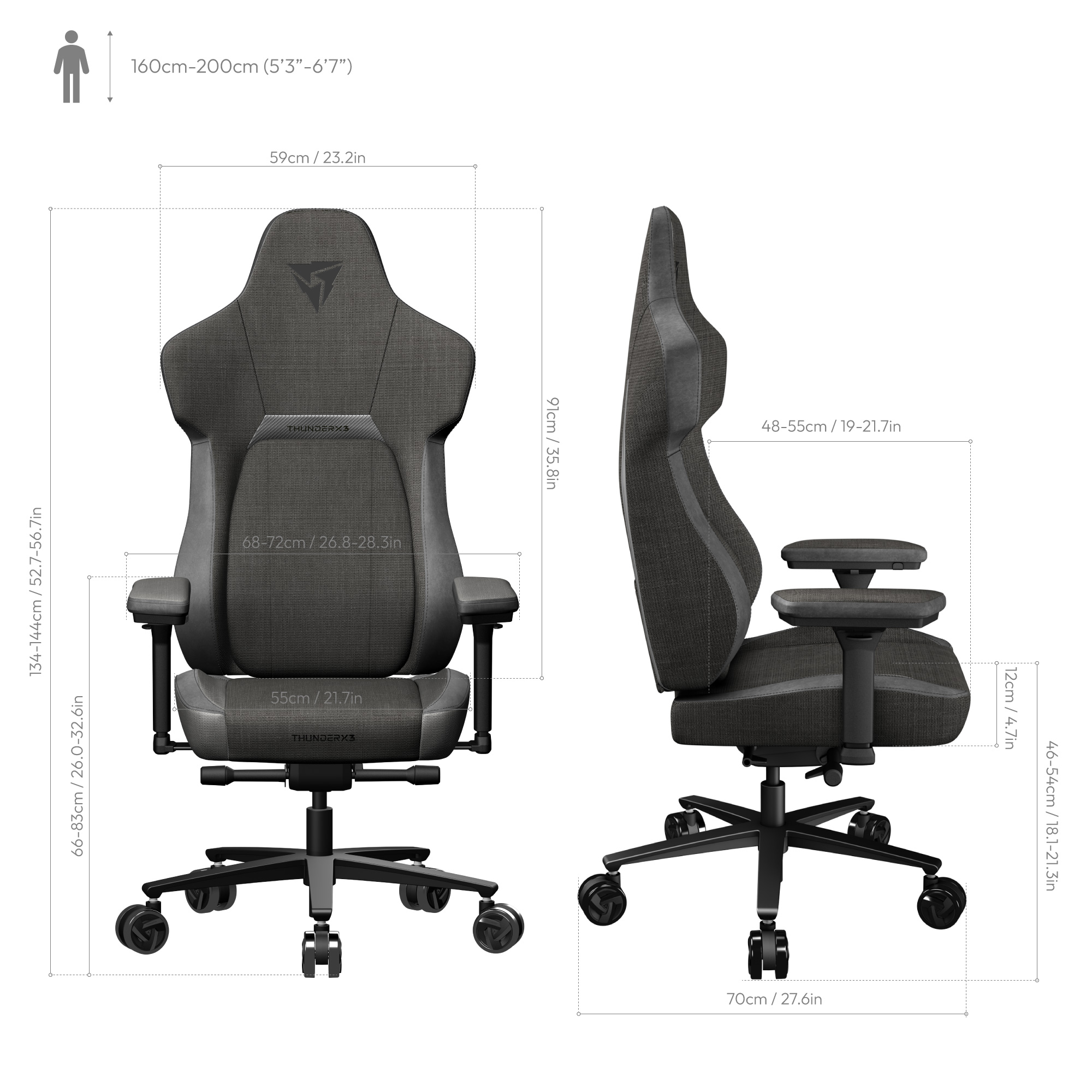 ThunderX3 - ThunderX3 CORE Fabric Gaming Chair - Dark Grey