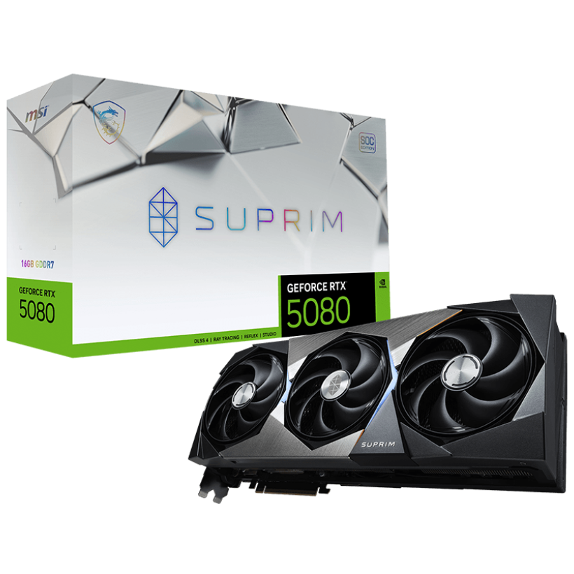MSI GeForce RTX 5080 Suprim SOC 16GB GDDR7 PCI-Express Graphics Card - NVIDIA RTX 5080 graphics card from Overclockers