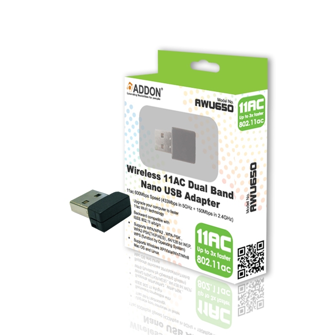 B Grade ADDON Wireless AC Dual Band 600Mbps Nano USB Adapter (AWU650)