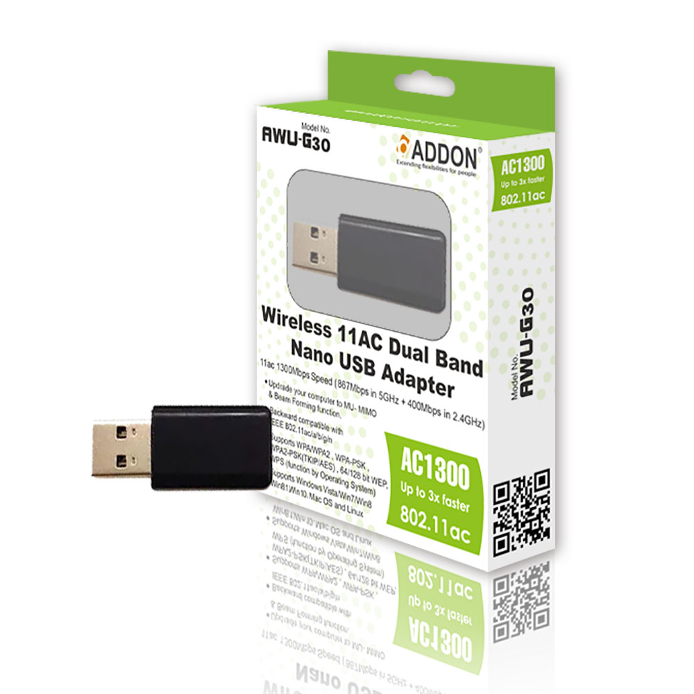 Addon - ADDON AWU-G30 Dual-Band Wireless AC1300 Nano USB Network Adapter
