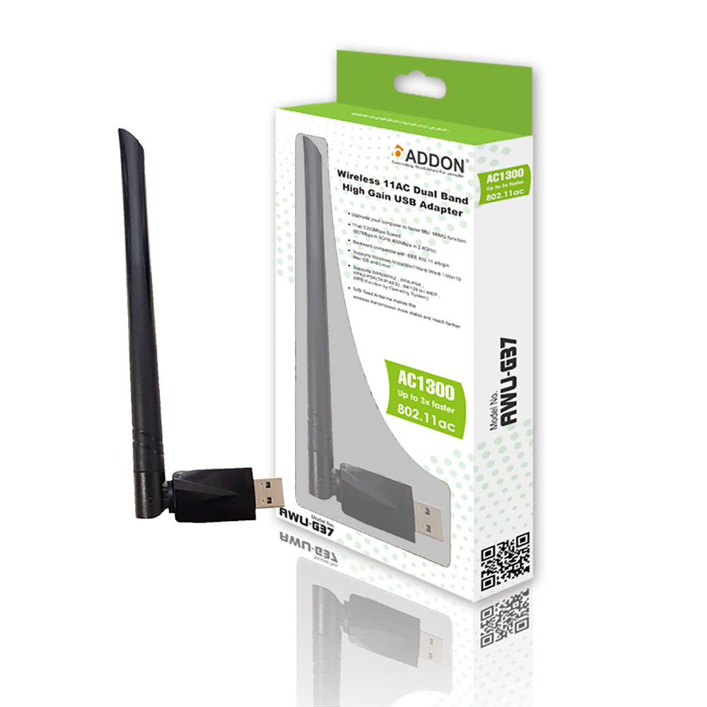 Addon - ADDON AWU-G37 High Gain Dual-Band Wireless AC1300 Nano USB Network Adapter