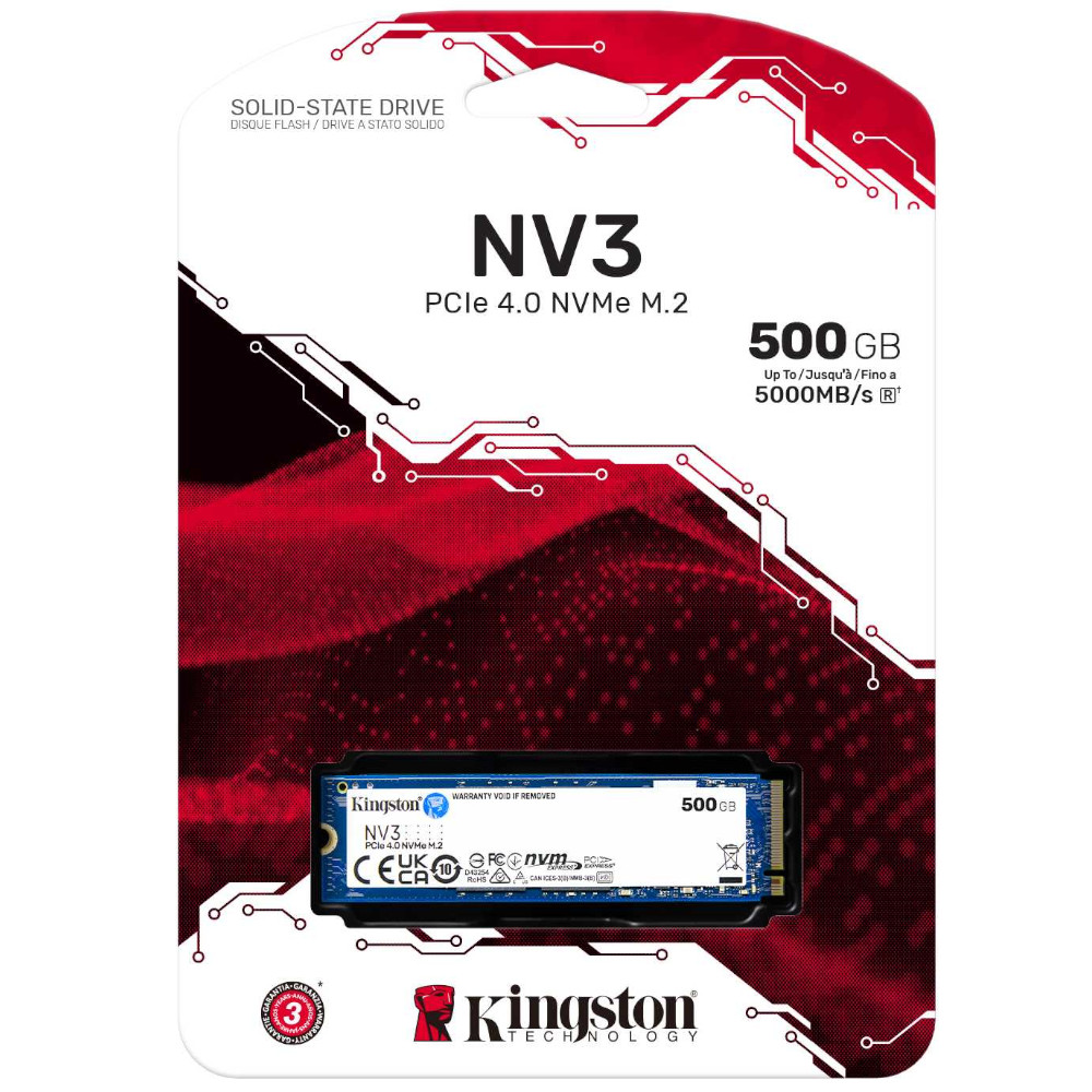 Kingston - Kingston NV3 500GB PCI-e 4.0 NVMe M.2 Solid State Drive (SNV3S/500G)