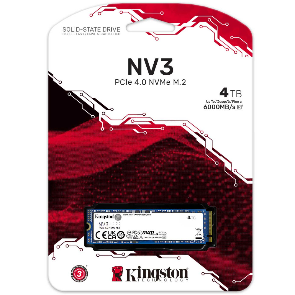 Kingston - Kingston NV3 4TB PCI-e 4.0 NVMe M.2 Solid State Drive (SNV3S/4000G)