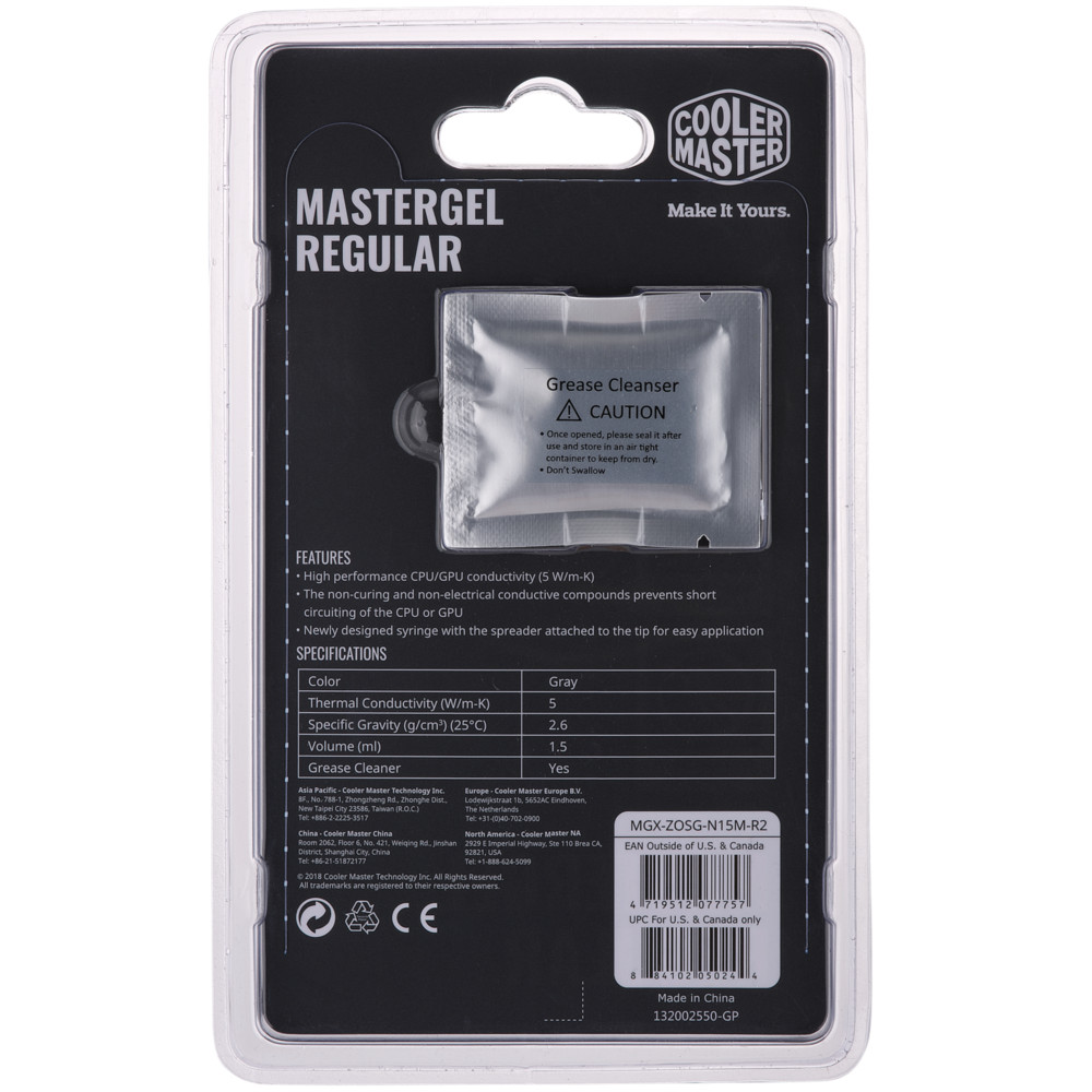 Cooler Master - Cooler Master MasterGel Regular 5 W/m-K Thermal Paste with Cleaner - 1.5ml