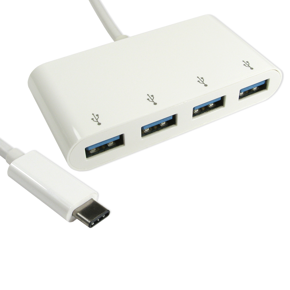 OcUK Value 15cm USB Type C (M) to 4x USB3.0 Type A (F) Hub - White