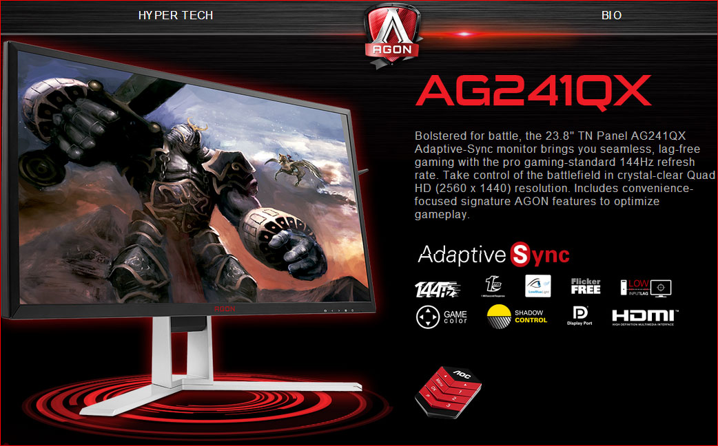 AOC - AOC AGON AG241QX 24 2560x1440 TN FreeSync/G-Sync 144Hz 1ms Widescreen LED G